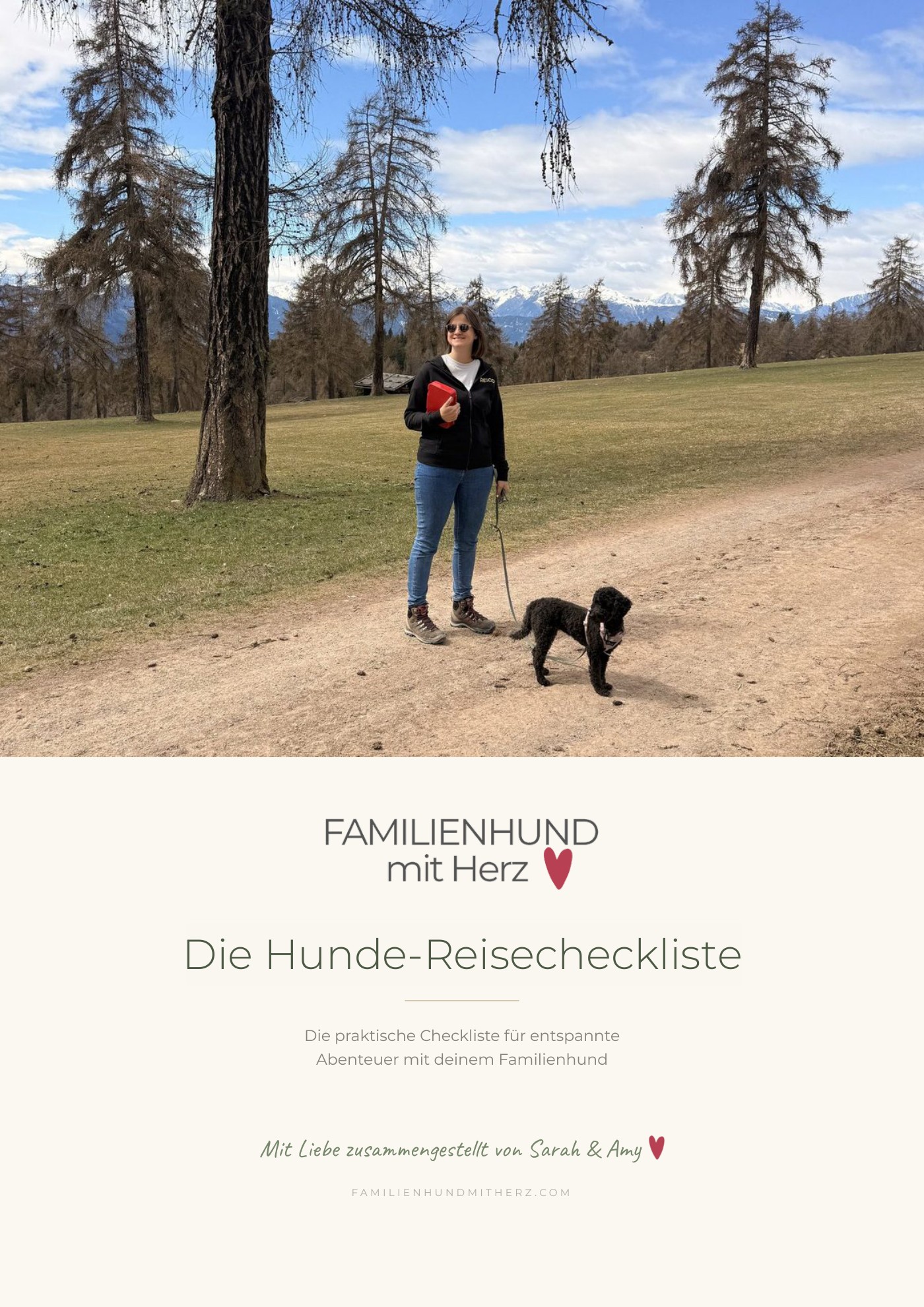 Titelseite der kostenlosen Checkliste Hunde-Reisecheckliste: Sarah mit Amy auf einem Wanderweg in den Bergen