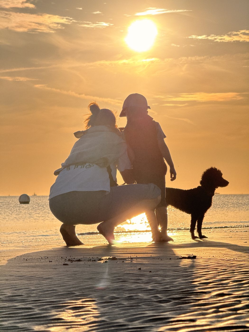 Familie mit Pudeldame Amy sitzt im Gegenlicht am Strand und schaut aufs Meer