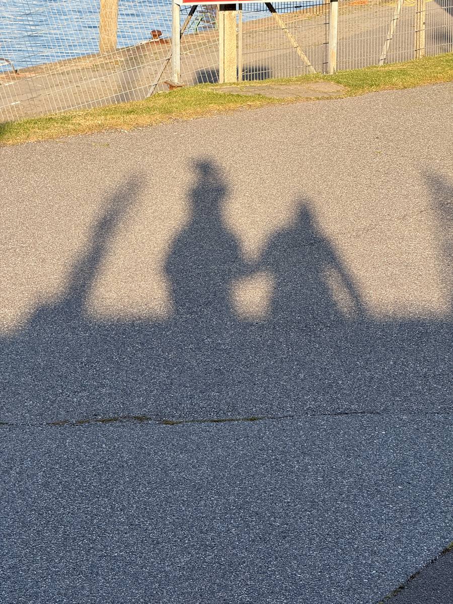 Drei Schatten Hand in Hand auf dem Asphalt am Deich, daneben der Schatten des Hundes